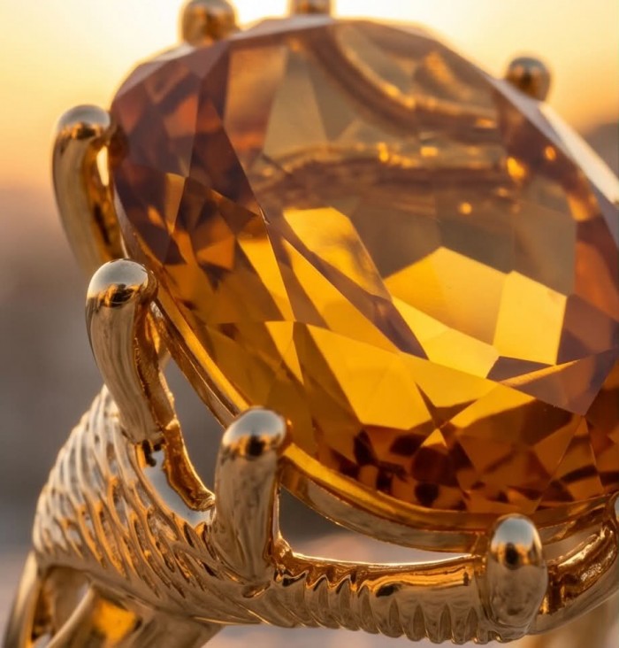 Liliana 24.5 carat Champagne Smoky Topaz .925 Sterling Silver dipped in real 18K Gold Oversized Ring size 10 - Close-up of 24.5 carat Champagne Smoky Topaz in gold setting.