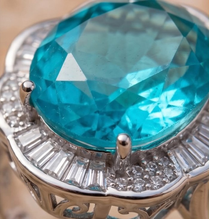 ART DECO Deep Blue 22.8 carat Paraiba Tourmaline .925 Sterling Silver handcrafted ring size 6 - Close-up of ART DECO Paraiba Tourmaline ring with diamond accents.