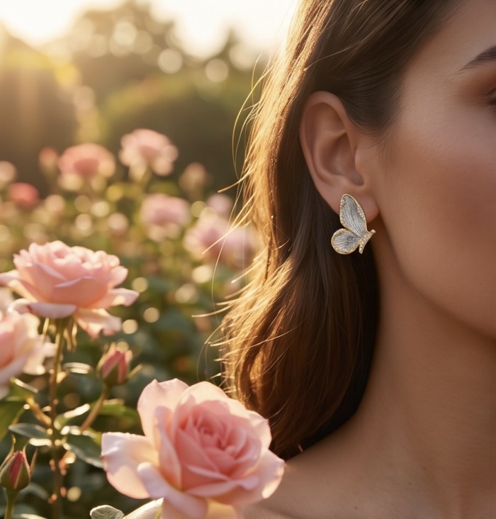 Golden Butterfly White Topaz highly polished 18K Gold over .925 Sterling Silver Italy made Earrings - Close-up of golden butterfly earring worn near blooming roses