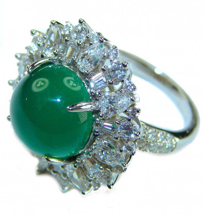 Good Fortune - Vintage Style 15.9 carat Jade .925 Sterling Silver handmade Cocktail Ring s. 6 1/4 - Side view of vintage style jade ring with diamond accents.