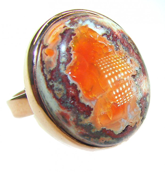 Lava best quality 19.4 carat Mexican Opal 18K Rose Gold over .925 Sterling Silver handmade ring 7 adjustable - Close-up of Mexican Opal ring set in 18K rose gold.