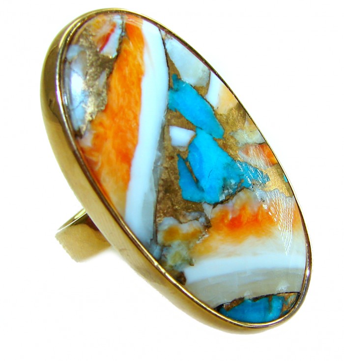 Rare 29.5 carat Oyster Turquoise 18K Gold over .925 Sterling Silver handcrafted Large ring; s. 6 adjustable - Close-up of Oyster Turquoise ring set in 18K gold over sterling silver