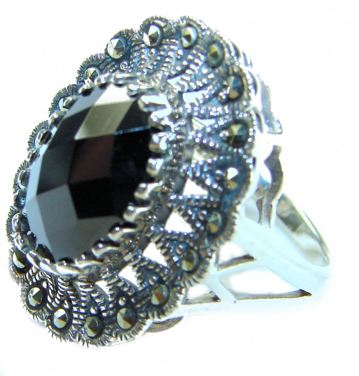 Roxanna - Huge 12.5 carat Black Onyx .925 Sterling Silver handcrafted ring; s. 8 - Close-up of Roxanna ring, 12.5 carat black onyx in .925 sterling silver.