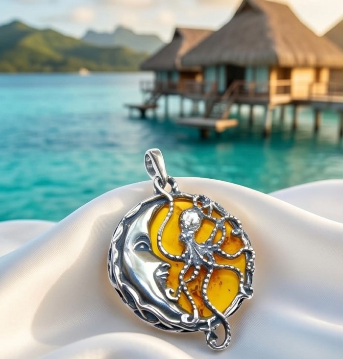 Marina by Night Prehistoric Authentic Baltic Amber .925 Sterling Silver beautifully handcrafted Pendant - Close-up of octopus moon pendant with amber background by the sea.
