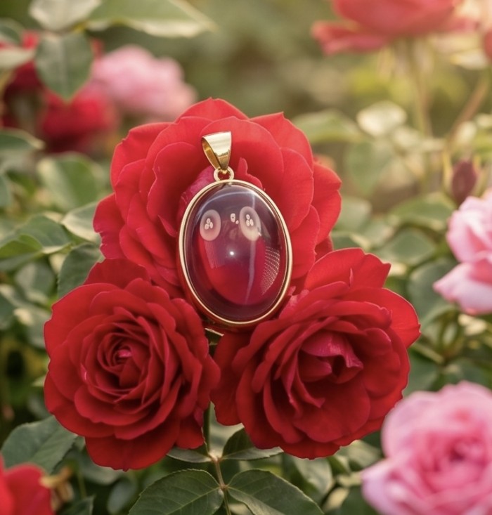 Francesca - authentic 29.5 carat Star Ruby 22K Gold over .925 Sterling Silver handcrafted Pendant - Star Ruby in 22K gold pendant nestled among vibrant red roses