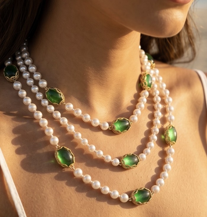 Incredible 48 inches long Freshwater Pearl 10K Gold over .925 Sterling Silver handmade Necklace - Close-up of pearl necklace with green stones worn around neck