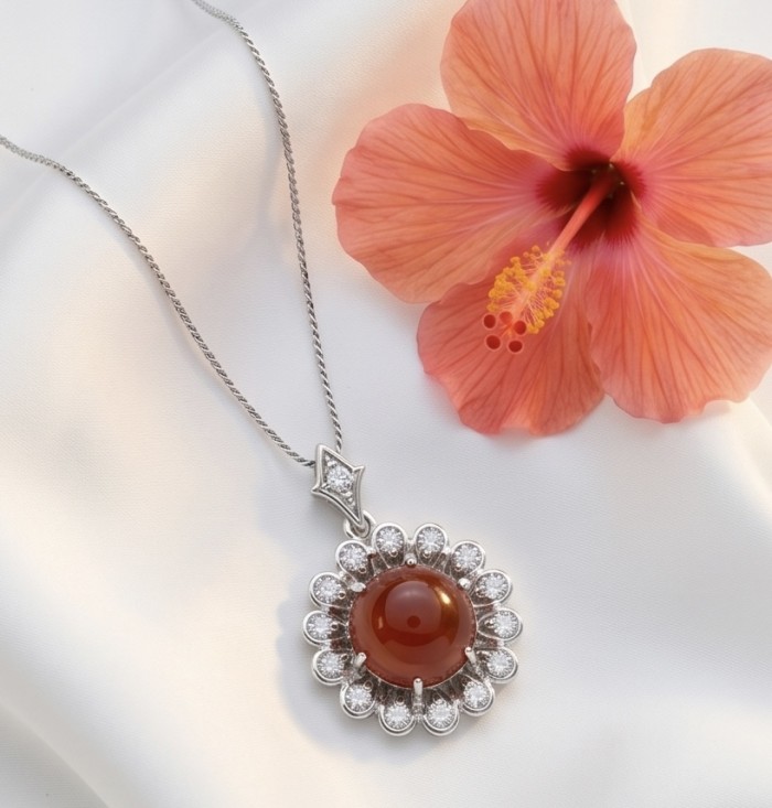 Incredible round cut 8.8 carat Mozambique Ruby .925 Sterling Silver handcrafted pendant - Pendant with 8.8 carat ruby and diamonds, next to an orange hibiscus.
