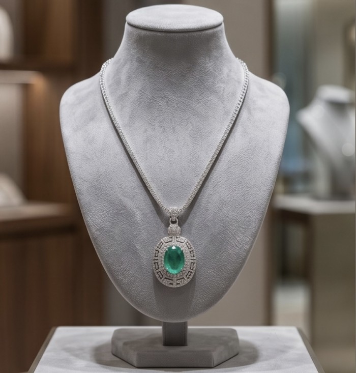 Colombian Briliance - oval cut 22.7 carat Emerald .925 Sterling Silver handcrafted necklace - Front view of oval cut 15.7 carat emerald necklace on display bust.