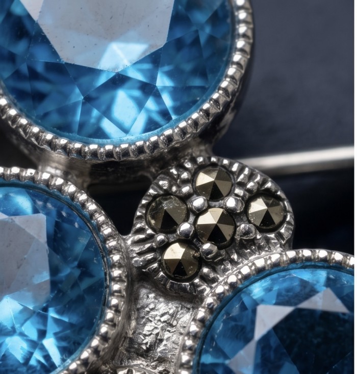Blue Sky Authentic 45.5 carat Swiss Blue Topaz .925 Sterling Silver DIPPED IN RHODIUM handmade LARGE Pendant - Brooch - Close-up of blue topaz gemstone with sterling silver setting detail