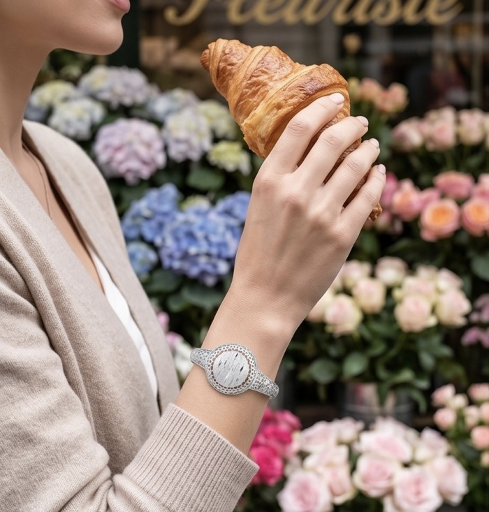 Casablanca - authentic .925 Sterling Silver Bracelet - Bracelet worn on wrist holding croissant, flowers in background