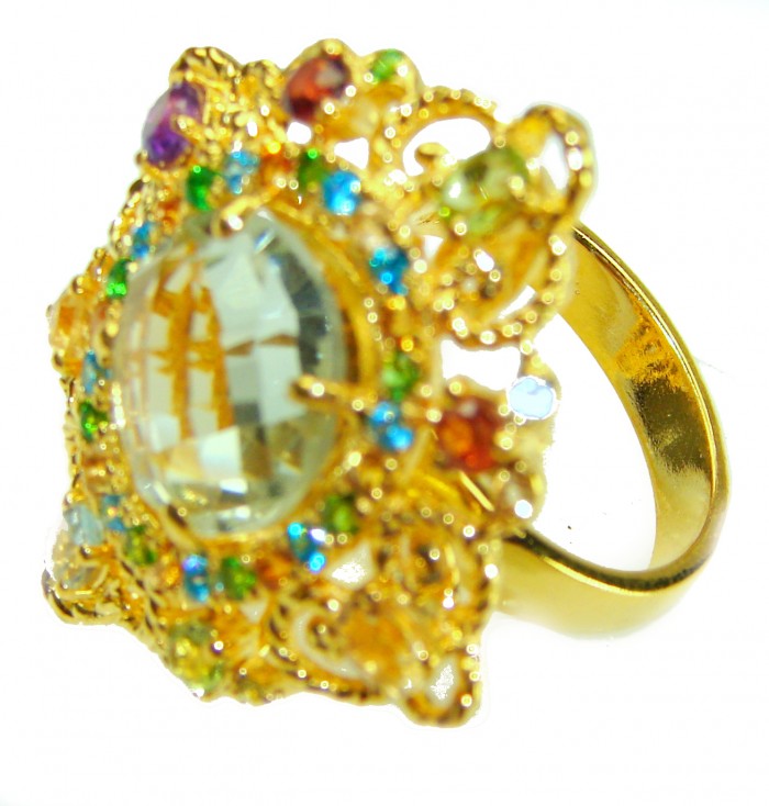 Celtic Spirit authentic fancy cut 11.5 carat Citrine 18K Gold over .925 Sterling Silver handcrafted Statement Ring s. 7 - Side view of Celtic Spirit 11.5 ct Citrine 18K Gold ring with gemstones