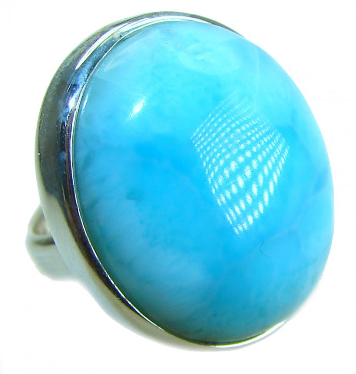 Caribbean Beauty 29.5 carat Genuine perfectly Blue Larimar .925 Sterling Silver handmade LARGE ring size 8 adjustable - Close-up of a 29.5 carat blue Larimar stone ring.