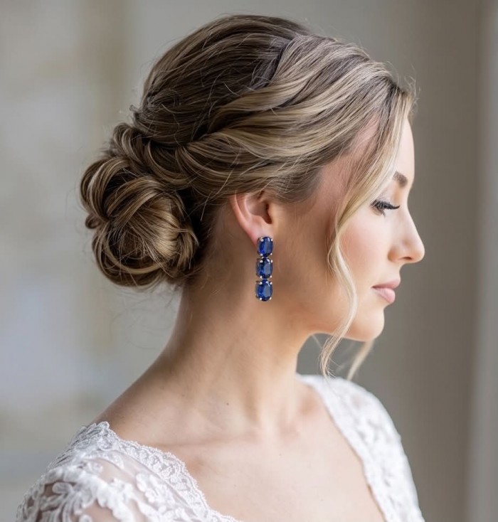 Deep Ocean 22.5 carat London Blue Topaz .925 Sterling Silver handmade Statement earrings - Side view of woman wearing Deep Ocean 22.5ct London Blue Topaz earrings