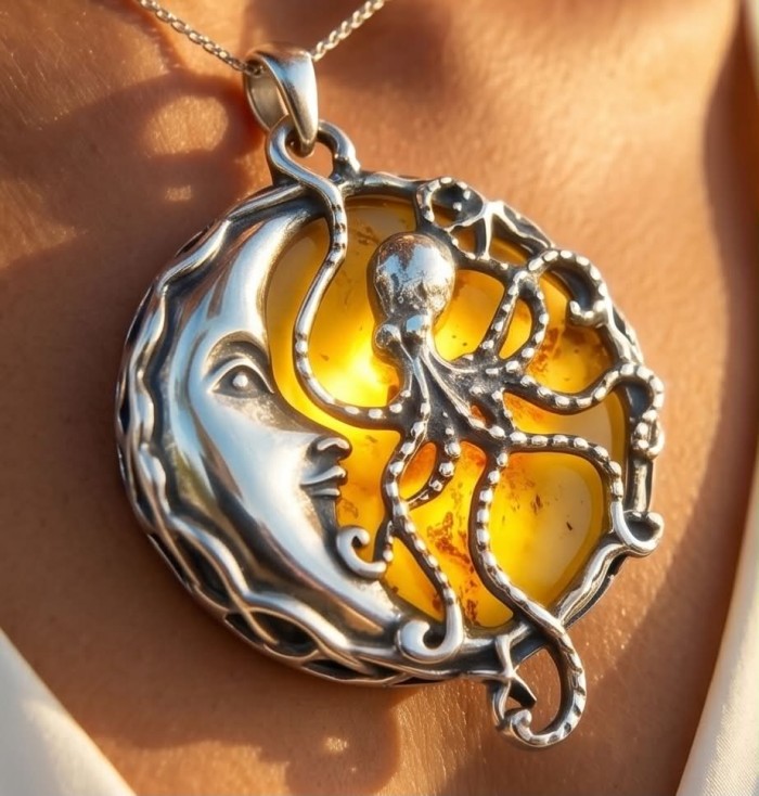 Marina by Night Prehistoric Authentic Baltic Amber .925 Sterling Silver beautifully handcrafted Pendant - Amber pendant with octopus and moon design, worn on neck.