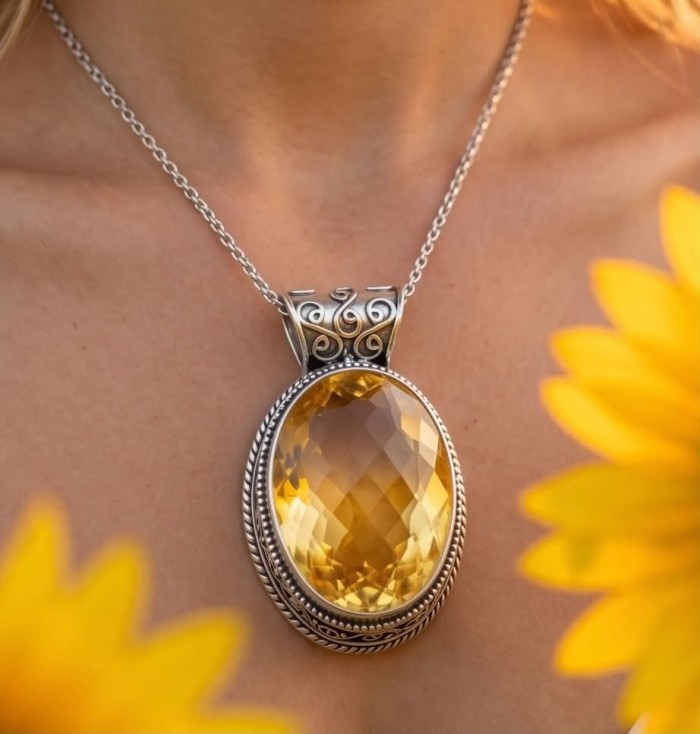 Sienna- amazing quality 30.7 CARAT genuine Brazilain Citrine RHODIUM over .925 Sterling Silver handmade pendant - Citrine pendant close-up, worn on neck, surrounded by yellow flowers.