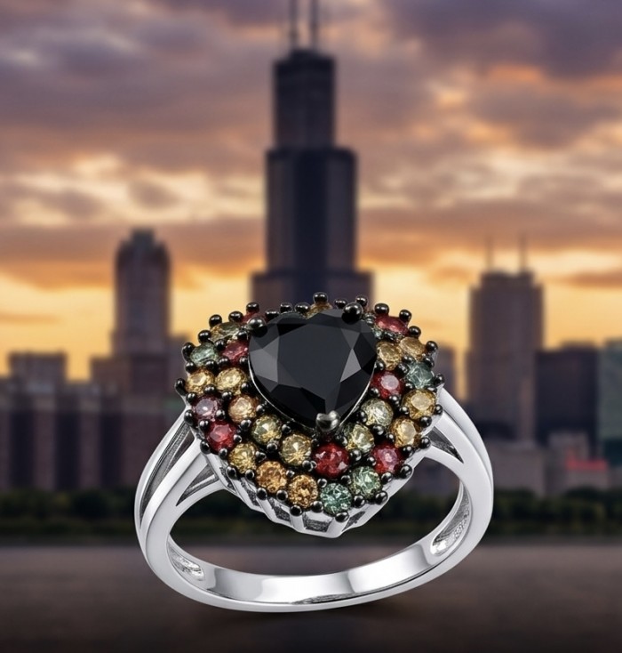 Blue Heart 8.2 carat natural Sapphire .925 Sterling Silver Perfectly handcrafted Ring s. 8 - Heart-shaped sapphire ring close-up with city skyline background