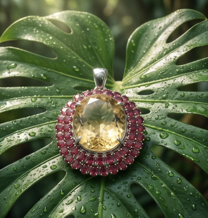 Luxury genuine 44.7 CARAT oval cut Champagne Topaz Garnet .925 Sterling Silver dipped in rhodium handmade Pendant - Champagne topaz pendant on leaf, top view, surrounded by red gems.