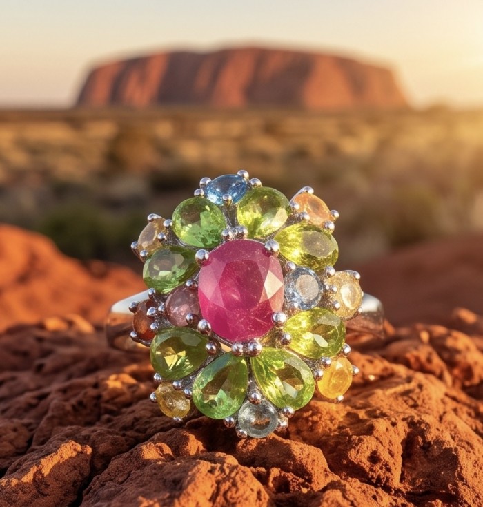 Blooming Garden 6.8 carat Mozambique Ruby 15.5 carat Peridot rhodium over .925 Sterling Silver handmade Statement Ring size 8 adjustable - Close-up of Blooming Garden ring with ruby and peridot against sunset backdrop.