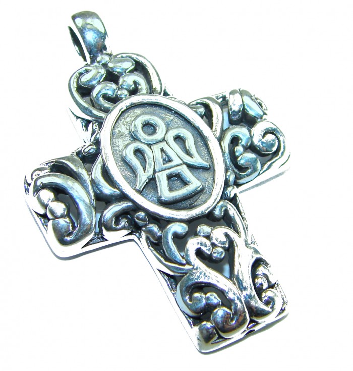 Protective angel - Holy Cross .925 Sterling Silver Pendant - Ornate Holy Cross .925 silver pendant, engraved angel, side view.