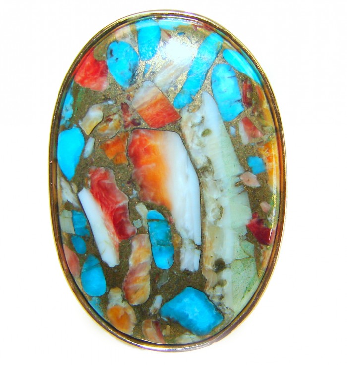 Rare 26.5 carat Oyster Turquoise 18K Gold over .925 Sterling Silver handcrafted Large ring; s. 8 adjustable - Close-up of rare 26.5 carat oyster turquoise gemstone in 18K gold setting.