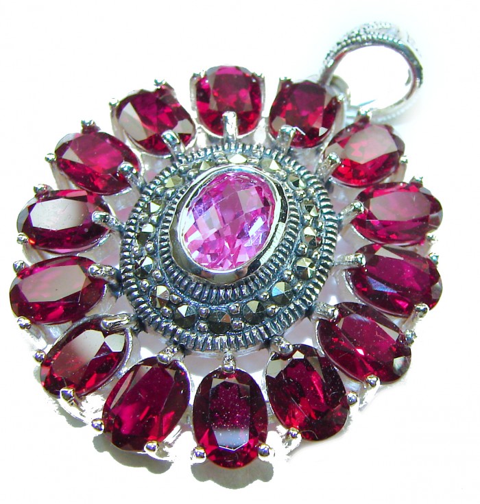 Posh Rose - 21.5 CARAT Pink Sapphire Garnet .925 Sterling Silver handmade Pendant - Pink sapphire garnet pendant, front view, gemstone close-up.