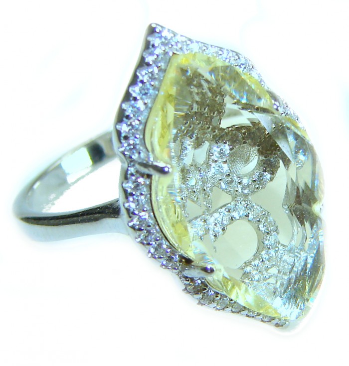 9.9 carat authentic Lemon Quartz .925 Sterling Silver Handcrafted Ring size 7 1/4 - Side view of 9.9 carat Lemon Quartz ring in .925 sterling silver.