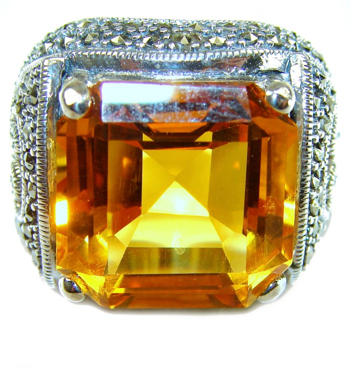 Pure Celestial energy Natural 33.4 carat Golden Topaz Marcasite .925 Sterling Silver handmade Large Statement Ring size 7 - Close-up of golden topaz ring with intricate marcasite setting.