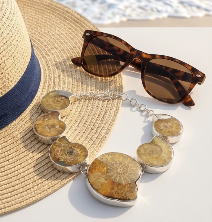 Large 155.2g Aura Of Beauty genuine Ammonite from dinosaurs Era .925 Sterling Silver handcrafted Necklace - Ammonite necklace on straw hat with sunglasses, beach background