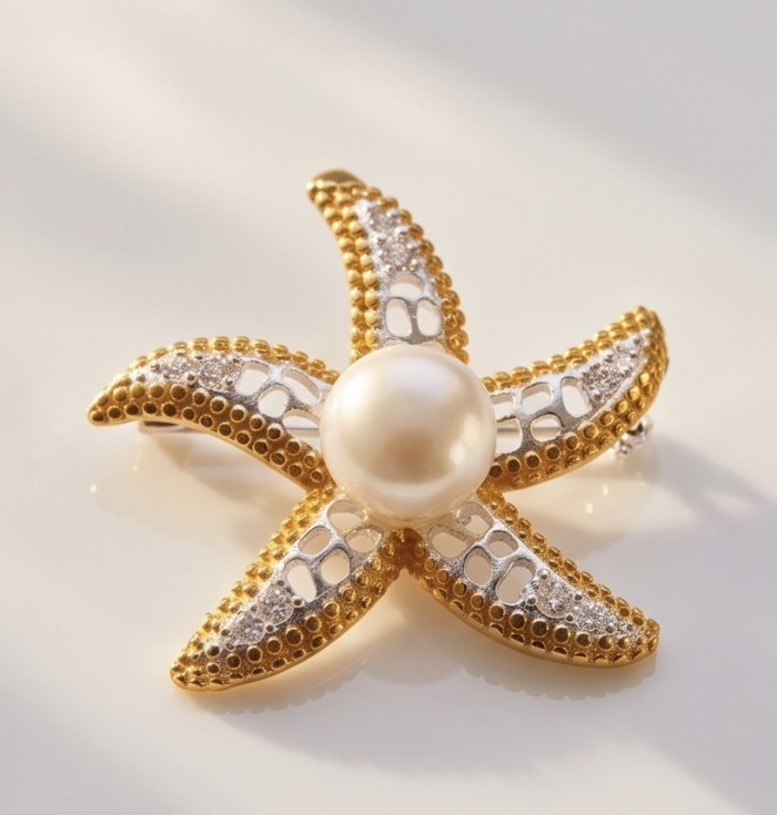Genuine Mother of Pearl 14K Gold .925 Sterling Silver handmade Pendant Brooch - Starfish brooch with pearl, gold and silver detail, top view.