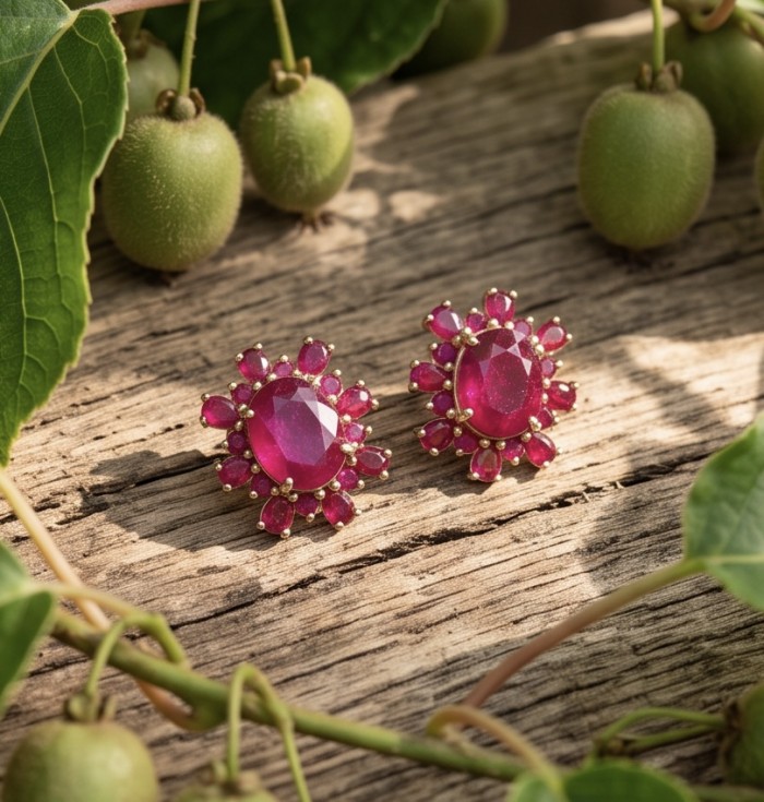 Giovanna - Magnificent Jewel 8.5 carat Mozambique Ruby 22K Rose Gold over .925 Sterling Silver handcrafted incredible earrings - Close-up of radiant ruby earrings on wooden surface.