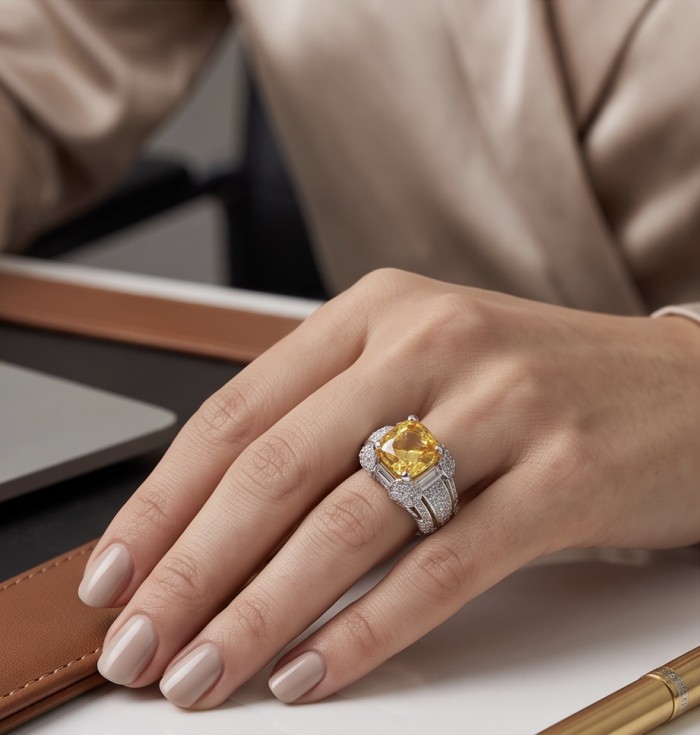 Anastasia 10.2 carat yellow Sapphire .925 Sterling Silver dipped in Rhodium Handcrafted Statement Ring size 6 - Yellow sapphire ring worn on hand, close-up view.