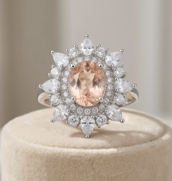 Isabella Authentic emerald cut 4.8 carat Morganite .925 Sterling Silver ring s. 7 1/4 - Morganite ring close-up, halo setting with teardrop accent stones.