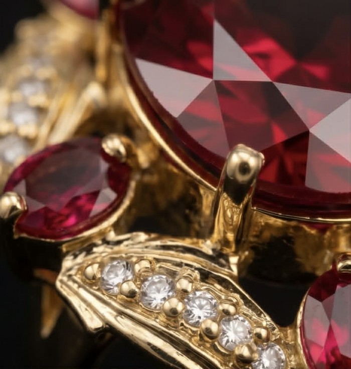 Crimson Fire Authentic 21.4 carat Garnet 18K Gold over .925 Sterling Silver brilliantly handcrafted Large Statement Ring size 7 - Close-up of garnet and diamond accents on gold setting.
