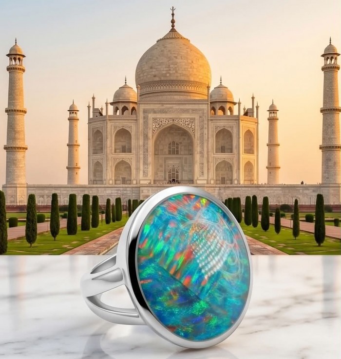 Endless Ocean Genuine 28.2 carat doublet Australian Opal .925 Sterling Silver handmade Ring size 6 2/4 - Close-up of Endless Ocean Opal ring with Taj Mahal in background