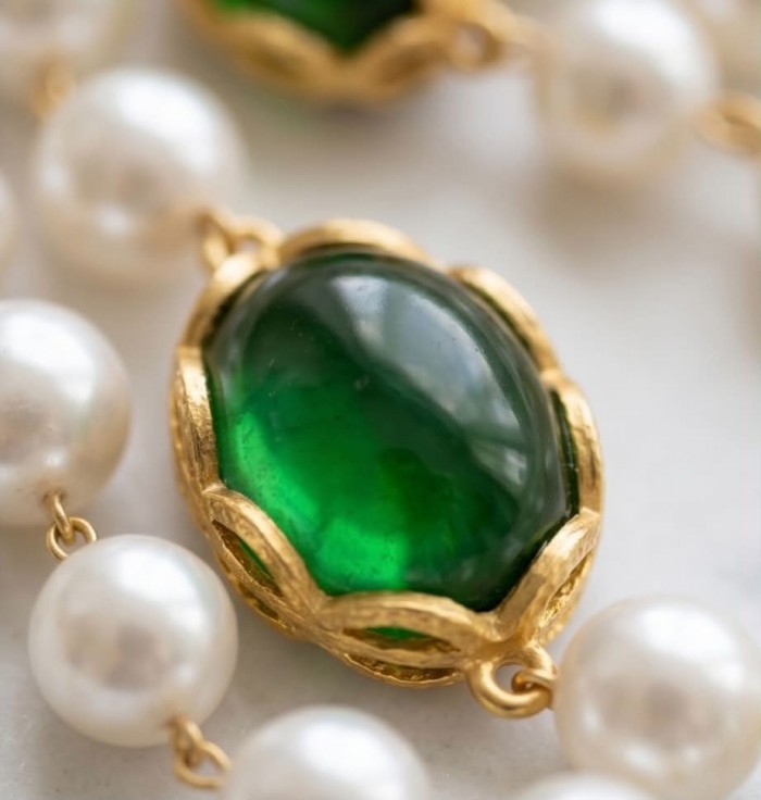Incredible 48 inches long Freshwater Pearl 10K Gold over .925 Sterling Silver handmade Necklace - Close-up of green stone in gold setting with freshwater pearls