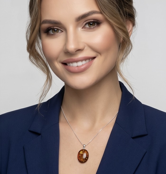 Prehistoric Authentic Baltic Amber .925 Sterling Silver beautifully handcrafted Pendant - Woman wearing Baltic Amber necklace, frontal view, blue blazer.