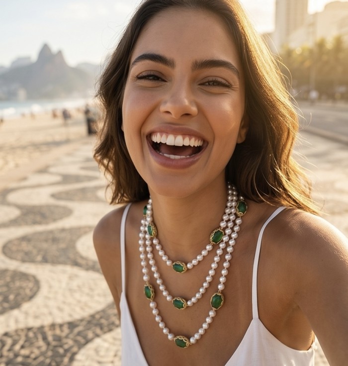 Incredible 48 inches long Freshwater Pearl 10K Gold over .925 Sterling Silver handmade Necklace - Woman wearing Freshwater Pearl necklace on beach, front view close-up