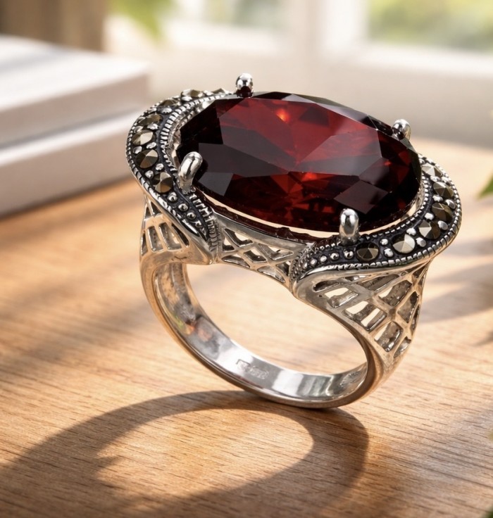 Red Power Authentic 25.4 carat Garnet .925 Sterling Silver brilliantly handcrafted large Statement Ring size 7 - Close-up of Red Garnet 25.4 carat ring in .925 Sterling Silver setting.