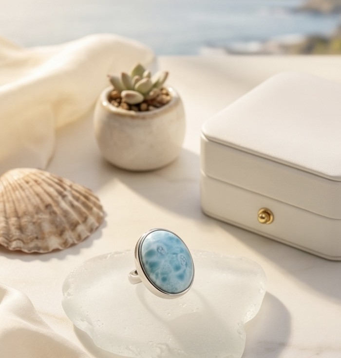 26.8 carat Blue Perfection natural Larimar .925 Sterling Silver handmade Large ring size 8 adjustable - Blue Larimar ring close-up with seashell and jewelry box in background