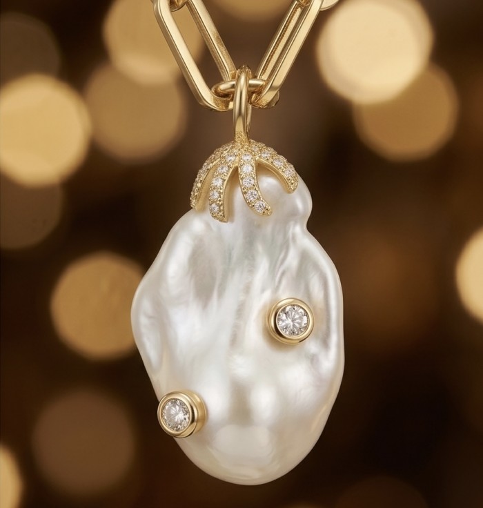 Precious Mother of Pearl 18K Gold over .925 Sterling Silver .925 Sterling Silver Necklace; 16 inches long - Close-up of pearl pendant with diamonds and gold detailing.