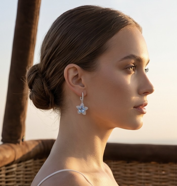 Forget -Me- Not flower 10.5 carat genuine Swiss Blue Topaz .925 Sterling Silver handmade Statement earrings - Side profile of woman wearing Forget-Me-Not Blue Topaz flower earrings