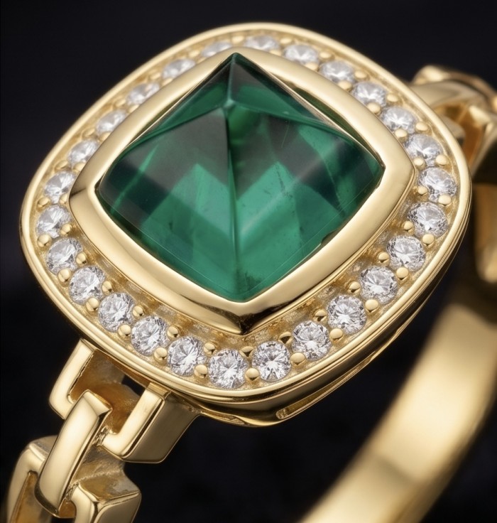 4.9 carat natural Colombian Emerald .925 Sterling Silver diped in 18K Gold handmade Statement Ring size 7 1/4 - Emerald ring close-up with diamond halo detail