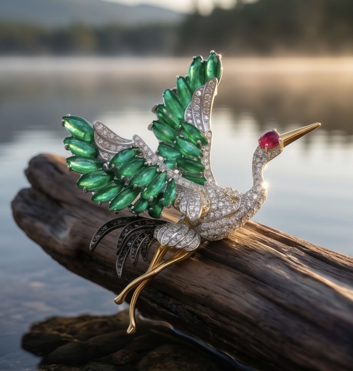 Colorful Precious Heron 24.6 Emerald Ruby Moissanite 2 tones .925 Sterling Silver Pendant Brooch - Side view of heron brooch with emerald, ruby, and moissanite stones.