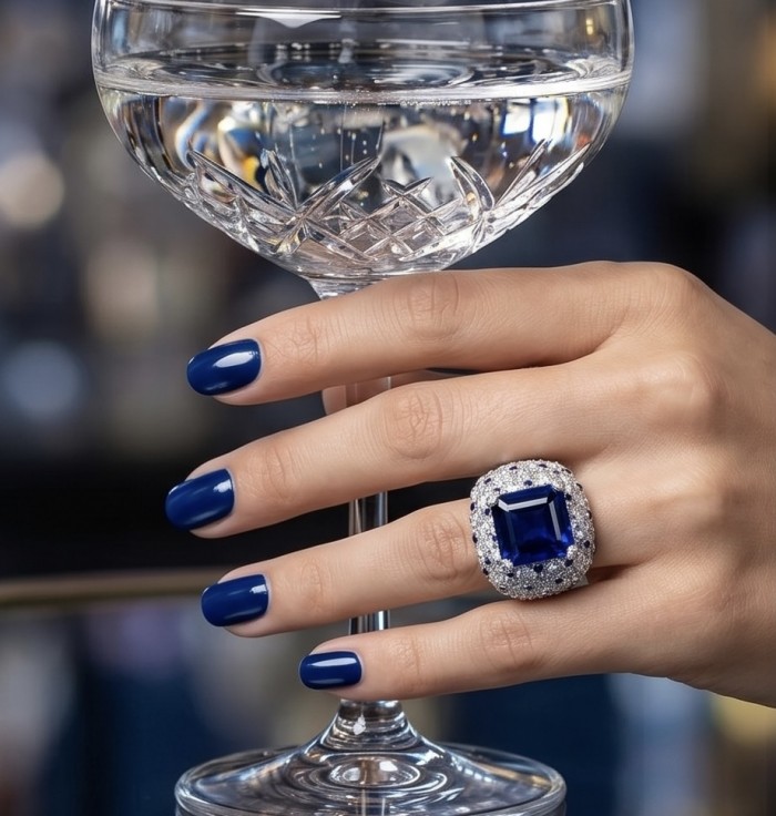 Blue Royalty 15.5 ctw natural Sapphire .925 Sterling Silver handcrafted large Statement Ring size 8 - Close-up of Blue Royalty sapphire ring worn on hand, holding a glass.
