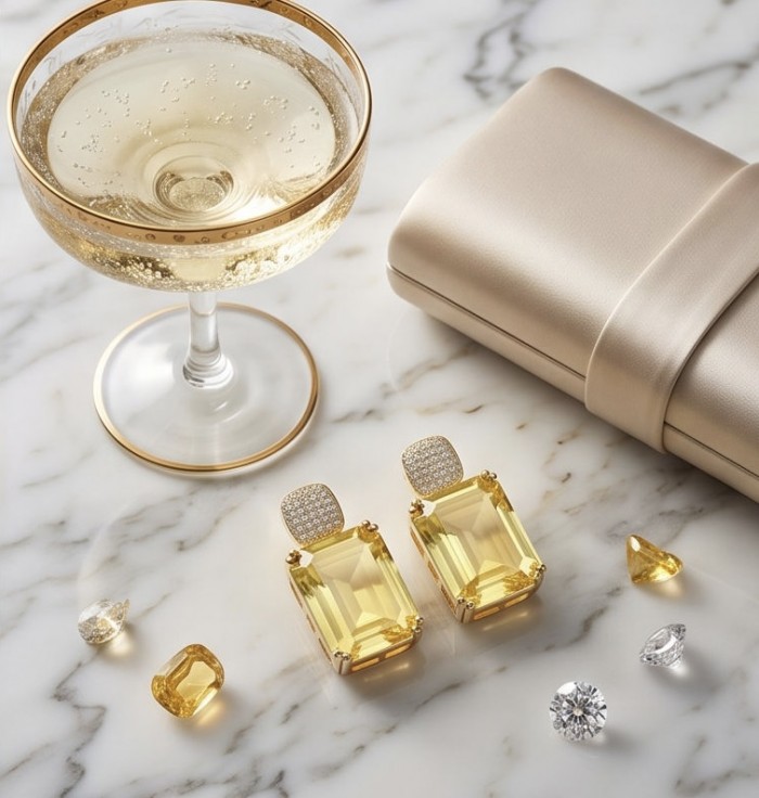 Stunning 27.8 carat Lemon Quartz 18K Gold over .925 Sterling Silver handcrafted Statement Earrings - Lemon quartz earrings with clutch and champagne, top view on marble surface.