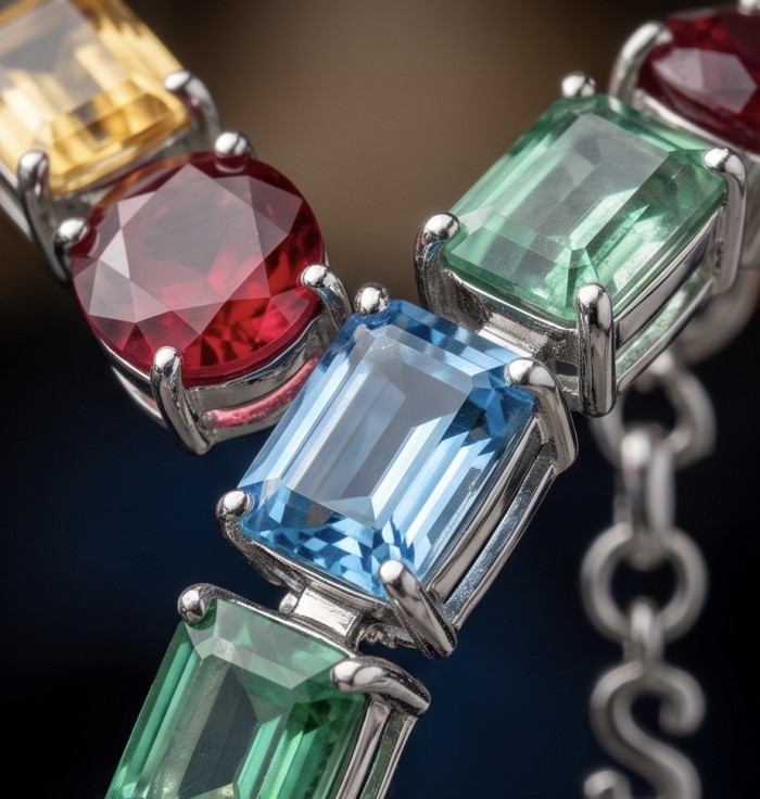 Tutti Frutti 40.5 CARAT MULTIGEM rhodium over .925 Sterling Silver brilliantly handcrafted Bracelet - Close-up of multicolored gemstones in sterling silver setting