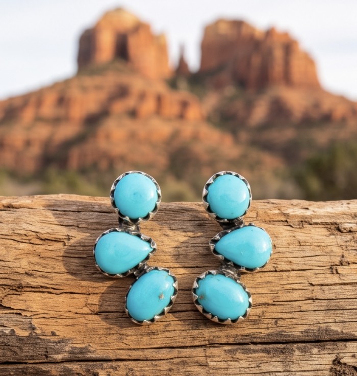 Great authentic Sleeping Beauty Turquoise .925 Sterling Silver handcrafted Earrings - Turquoise earrings on wood with blurred rocky landscape background.