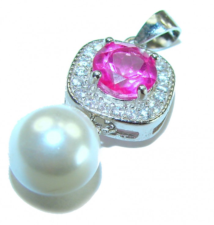 A Spark of Sweetness 2.8 carat Hot Pink Sapphire Pearl .925 Sterling Silver handcrafted Pendant - Close-up of a hot pink sapphire and pearl pendant in silver setting