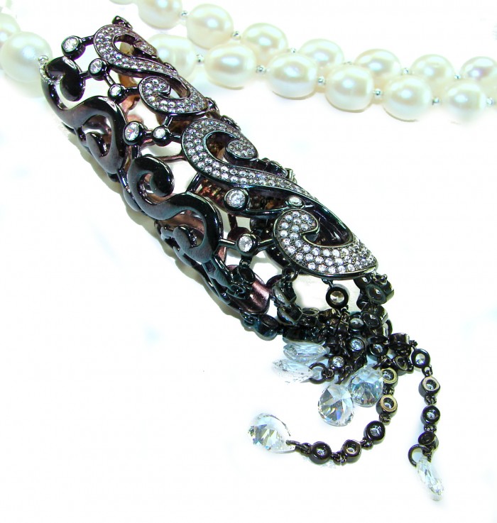 28 inches long Baroque Style Beauty Freshwater Pearl black rhodium over .925 Sterling Silver handcrafted Necklace - Baroque style freshwater pearl necklace with black scroll design accent.
