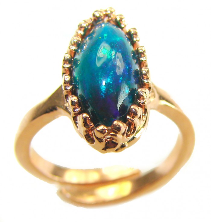 A COSMIC POWER Genuine 5.2 carat Black Opal 18K rOSE Gold over .925 Sterling Silver handmade Ring size 8 - Close-up of black opal ring in 18K rose gold.